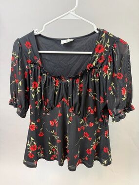 Ember Floral Peplum Blouse Black Red Puff Sleeve Sheer Top Medium